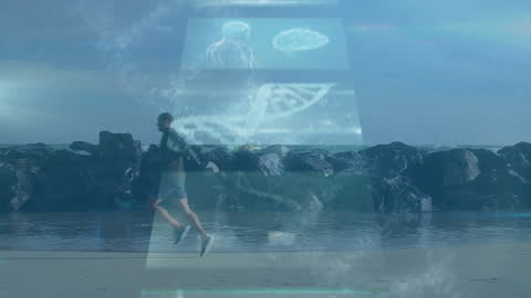 Futuristic Interface with Runner on Beach and DNA Graphics