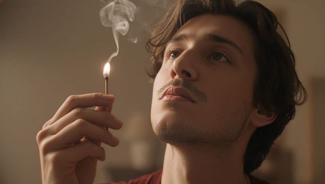 Contemplative young man holding lit match with curling smoke warm ambient moody closeup