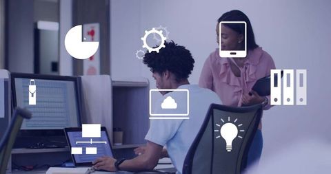 Collaborating and Reviewing Laptop Analytics with Cloud Workflow Icons in Modern Office