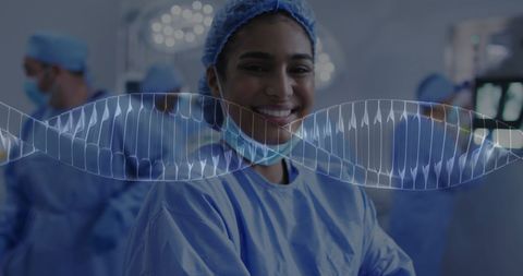 Smiling female surgeon with dna overlay in hospital