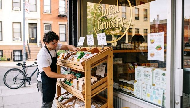 Independent grocer stocking wooden sidewalk display outside local grocery storefront city