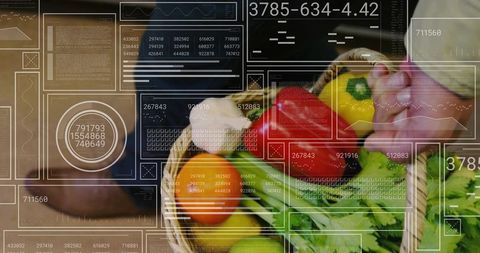 Man Grasping Red Bell Pepper from Woven Basket of Fresh Produce with HUD Overlays