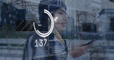 Hooded woman using smartphone with augmented reality HUD and urban map overlays