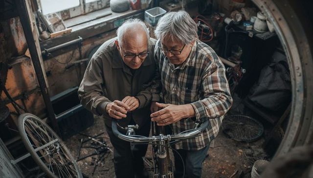 Senior couple repairing vintage bicycle in cluttered garage workshop, hands-on teamwork