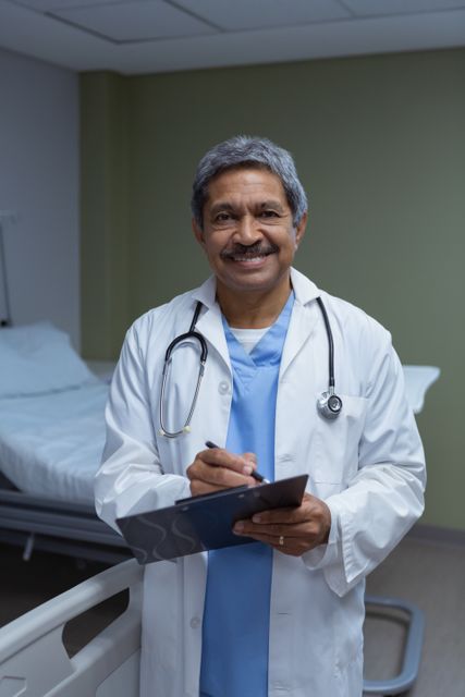 Front view of mature male doctor looking at camera while writing on clipboard in medical ward at hospital