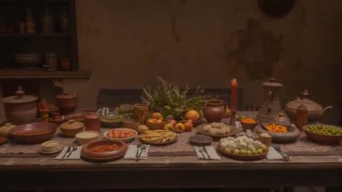 Moving camera approaching long wooden table in rustic kitchen showing fruit and pottery
