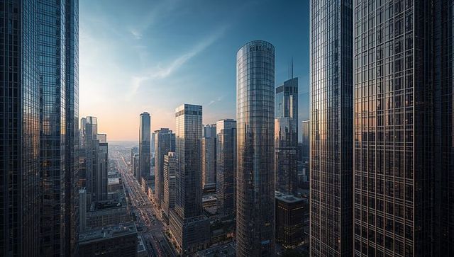 Glowing downtown skyline with cylindrical glass tower and reflective high-rises