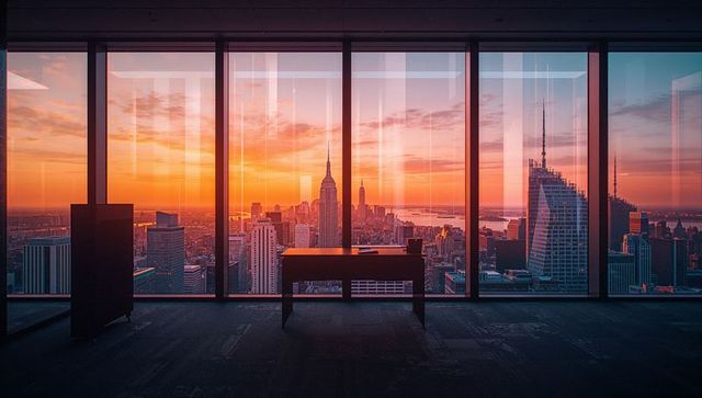 Silhouette office desk with stunning skyline at dusk