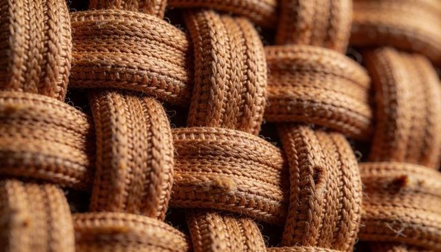 Braiding brown jute cords into dense woven basket texture macro with loose fibers