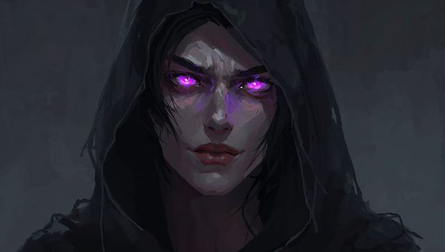 Gazing hooded sorceress with glowing violet eyes and lip scar, dark mystic portrait, seer