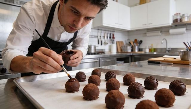 Pastry chef glazing artisanal chocolate truffles with brush on tray in commercial kitchen