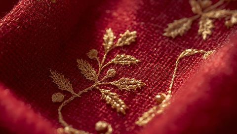 Red woven textile with gold metallic floral embroidery closeup showing luxurious texture