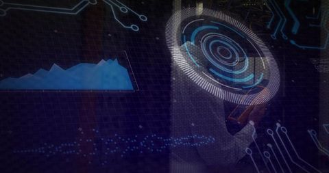 Businessman Holding Tablet Displaying Holographic HUD and Analytics Dashboard, Futuristic Tech