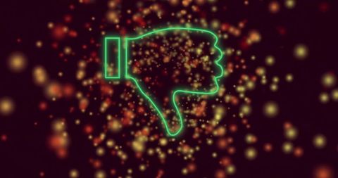 Neon thumbs down with luminous bokeh background