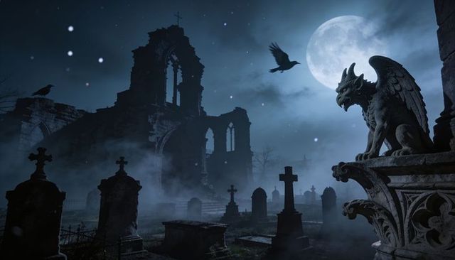 Moonlit gothic graveyard with perching gargoyle and crumbling abbey ruins at night