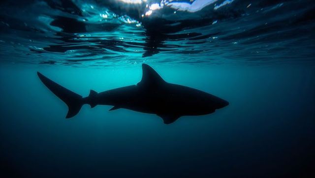 Gliding solitary shark silhouette beneath rippled surface with dramatic teal ocean light