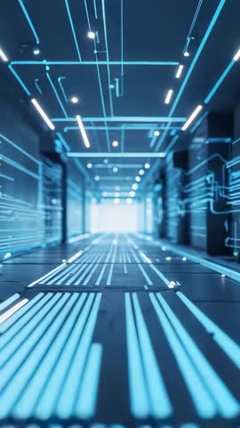 Vertical Futuristic Data Tunnel Gliding Through Neon-Blue Cyber Corridor for Tech Motion