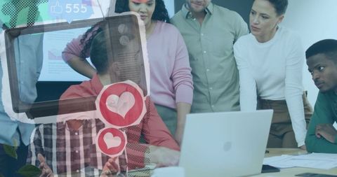 Colleagues Collaborating in Meeting with Creative Digital Overlay