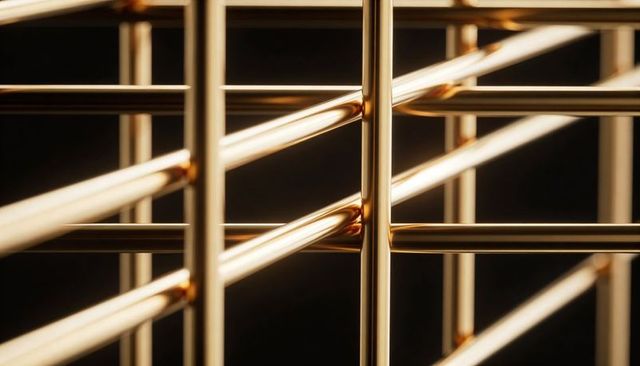 Polished gold rod lattice reflecting warm light and highlighting precision weld joints
