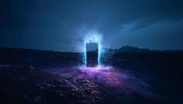 Neon monolith emitting cyan beams and stirring violet mist over barren rocky plain