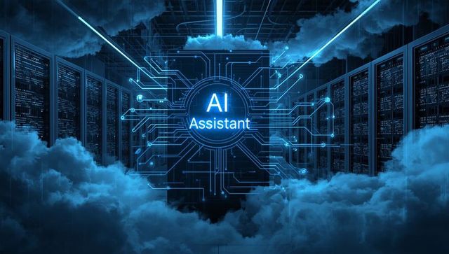 Futuristic ai assistant module inside data center corridor