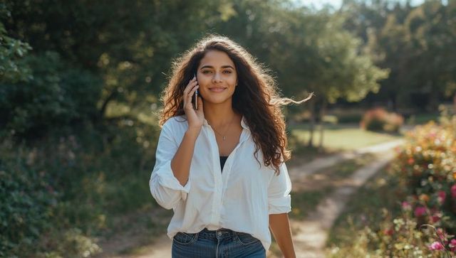 Smiling Woman Talking on Smartphone Amongst Garden Path