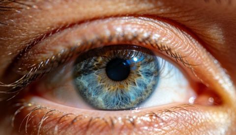 Macro human eye revealing blue-gray iris, golden-brown ring, pupil reflection and fine texture