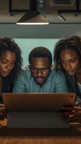 Vertical video: Three professionals leaning over tablet under lamp, collaborating and reviewing pres