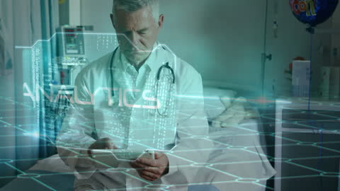 Senior Doctor using Digital Tablet with Tech Overlay at Hospital