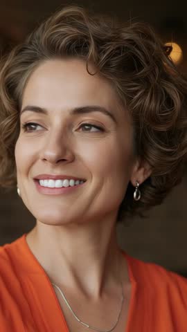 Smiling woman blinking and reacting to warm lamp light in cozy cafe vertical video