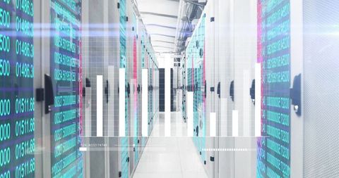 Data Center Aisle with Servers and Interactive Data Graph