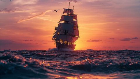 Majestic three-masted sailing ship in golden sunset ocean voyage