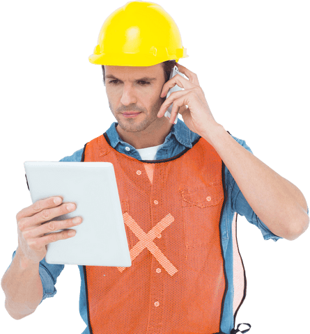 Construction Worker Using Tablet and Phone Transparent Background - Download Free Stock Videos Pikwizard.com