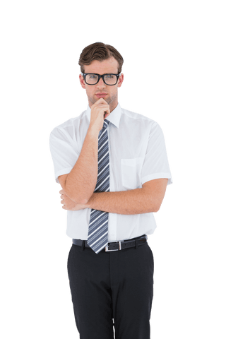 Thoughtful businessman holding chin in transparent background