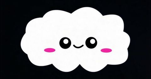 Kawaii smiling cloud mascot floating on black background with pink cheeks and round eyes