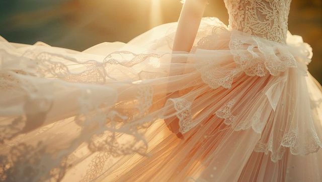 Sunlit bridal gown details billowing in meadow