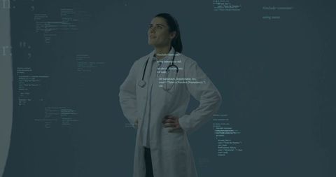 Female Doctor Standing Confidently with Stethoscope and Digital Code Overlay for Healthtech