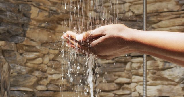 Close-up hands catching flowing water in outdoor stone shower creates a sense of natural relaxation and refreshment. Perfect for promoting eco-friendly practices, spa and wellness themes, and natural skincare products.