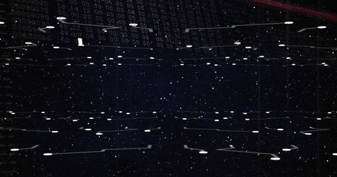 Minimalist led tunnel installation with reflective floor and floating binary overlay