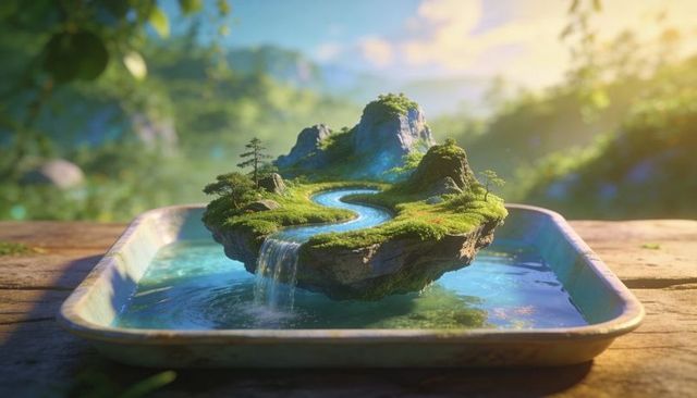 Floating miniature island diorama with meandering stream and waterfall in rustic metal tray