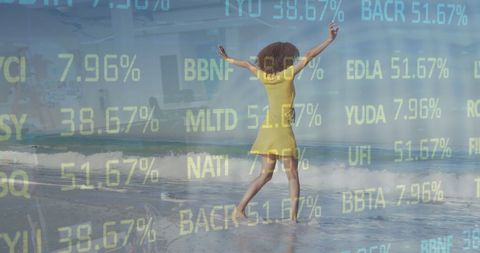 Joyful woman on beach with overlay of stock market data