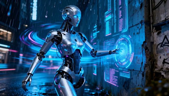 Chrome Humanoid Android Tapping Holographic Interface in Neon Rain Alley