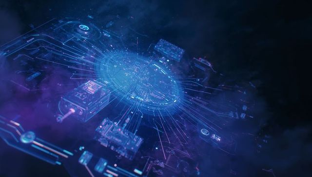 Futuristic glowing hub with neon blue and violet circuitry