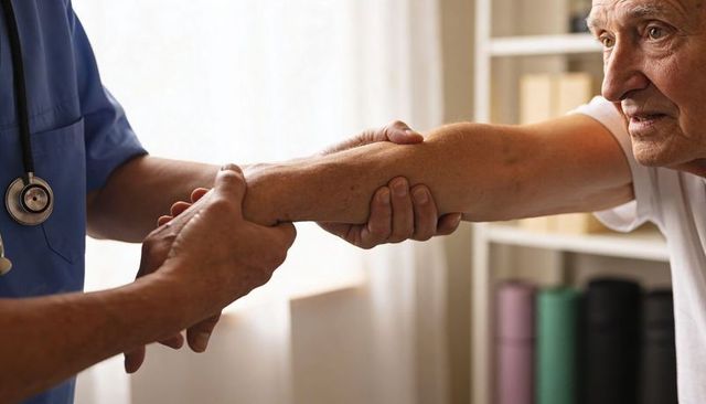 Clinician examining senior man's forearm during home care visit with gentle compassionate touch