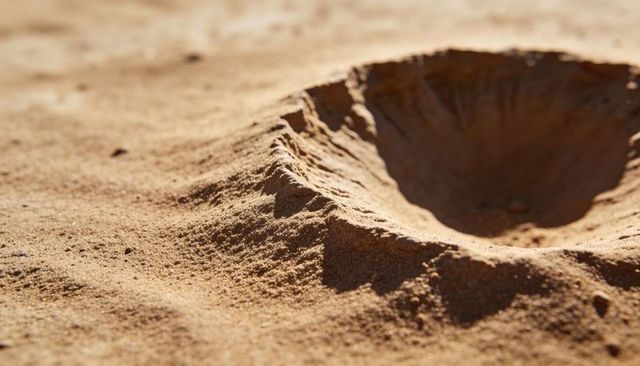 Sunlit sand crater with raised rim and granular texture, macro beach detail