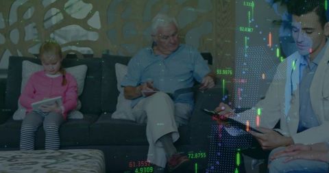 Multigenerational family sitting while using tablet and reading with stock market overlay