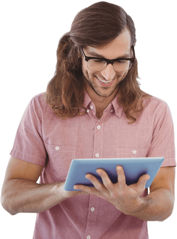 Happy Man in Glasses Using a Tablet with Transparent Background - Download Free Stock Videos Pikwizard.com