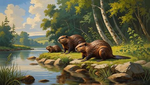 Beaver family by tranquil riverside with birch trees