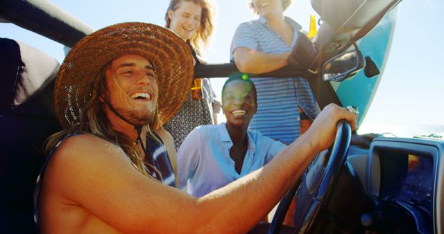 Group of Friends Enjoying a Summer Road Trip in Convitable Smiling and Laughing - Download Free Stock Images Pikwizard.com