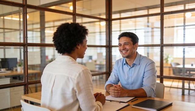 Smiling recruiter conducting interview with candidate in modern glass-partitioned office